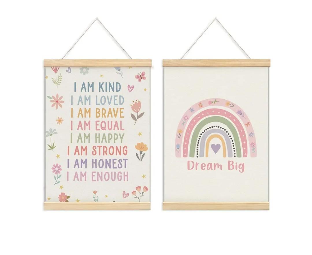 ShowDraven Toddler Nursery Inspirational Affirmations Classroom Wall Decor, Boho Rainbow Pastel Floral Poster Framed with Wood Hanger for Girls Nursery Room Decor, 12x16 Inch Set of 2