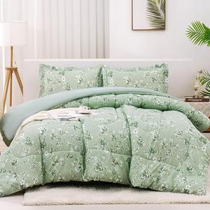 Mooreeke Floral Queen Size Comforter Sets, Vintage Sage Green Botanical Flower, Lightweight Bedding for All Seasons, 3-Piece Bed in a Bag with Fluffy Quilted Reversible Comforter & 2 Pillow Shams. Queen size