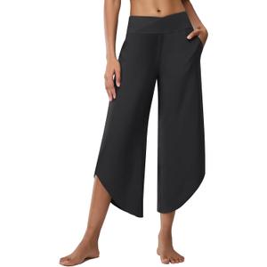 Women's Petite Wide Leg Dance Pants High Waist Travel Lounge Cropped Pants Lightweight Yoga Trousers w Pockets (M, Black)