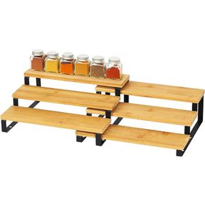 RoyalHouse Bamboo and Metal Expandable Spice Rack Organizer, Cabinet Shelf Organizers, 3-Tier Adjustable Kitchen Cabinet, Countertop Display Shelf, Space Organizer for Kitchen and Bathroom
