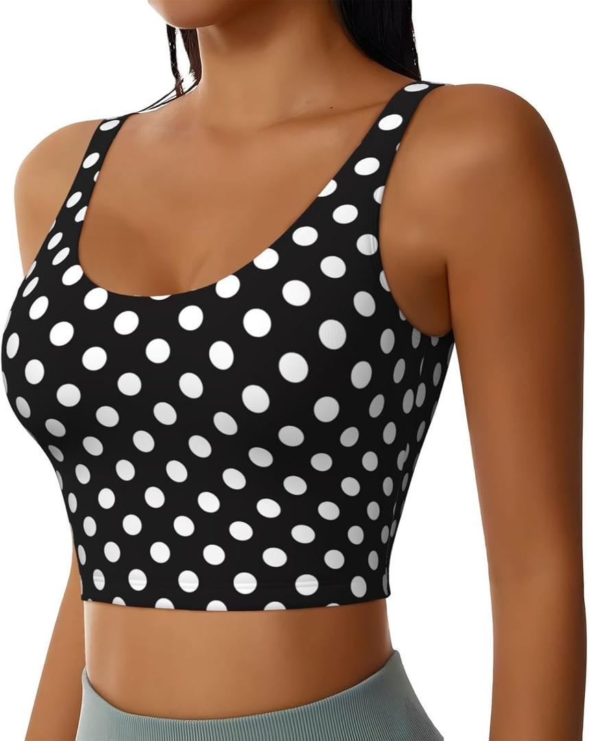 Womens Sports Bra-Yoga Bras Gym Running-Sleeveless Fitness Workout Crop Tops (Large, Polka Dot Black Polkadot Black and White)