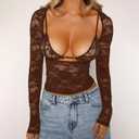 Womens Floral Lace Top Y2K Backless Crop Top Sexy Sheer See Through Shirt Slim Fit Going Out Tops