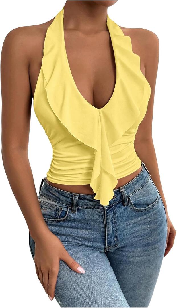 SOLY HUX Women's Ruffle Trim Halter Tops Ruched V Neck Sleeveless Going Out Crop Tops (L)