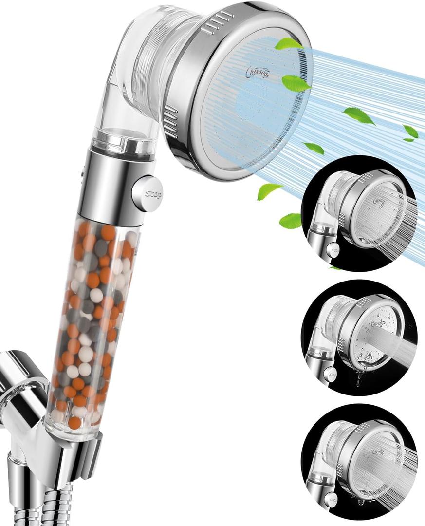 Filtered Shower Head for Hard Water with Stop, High Pressure 4-Mode Shower Heads Built-in Power Spray to Clean Corner, Tub & Pets, Water Softener Handheld Shower to Remove Chlorine & Fluoride