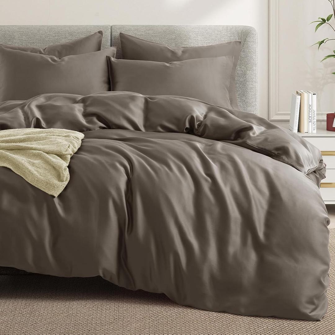 VACVELT 3PCS Cooling Duvet Cover Full/Queen Size, 60% Tencel Lyocell + 40% Cotton Comforter Cover Set for Hot Sleeper, Moisture Wicking & Silky Bedding Set, Soft & Breathable, Light Chocolate Brown