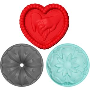 3 x 3 Pack Silicone Cake Molds Nonstick, Valentines Silicone Bundt Cake Pan, Baking Pan for Cake,Brownie Bread Jello and Pies, Tarts (Multiple colors)