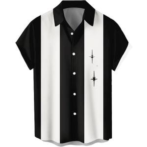 Men's Vintage Bowling Shirts 1950s Casual Short Sleeve Button Up Contrast Shirt Summer Color Block Cuban Shirts (XX-Large)