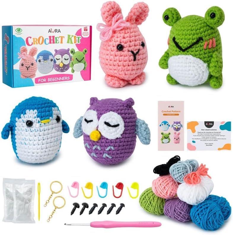 A-URA Learn to Crochet Kit for Beginners Kids and Adults, Premium 4 Animal Pattern Beginner Crochet Kits with Easy Tube Yarn & Step-by-Step Video Tutorials (Forest FriendsStandard Size)
