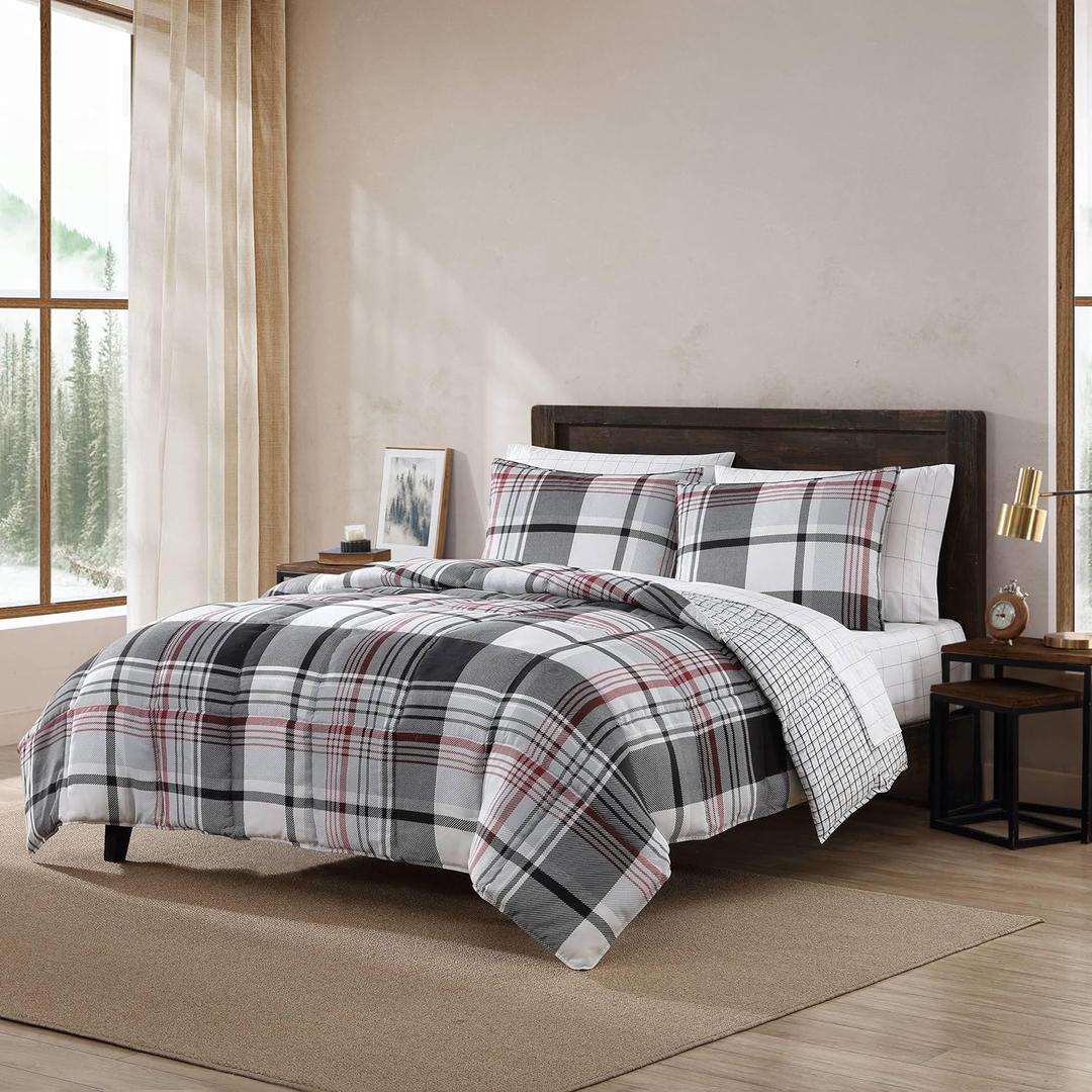 Eddie Bauer- King Duvet Cover Set, Reversible Microsuede Bedding Set with Matching Sham(s), Casual Home Dcor (Normandy Plaid Black, King)
