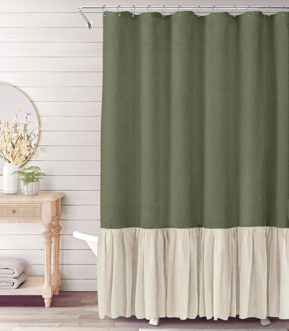 Awellife Farmhouse Shower Curtain Ruffle Linen Textured Boho Shower Curtain for Bathroom, Sage Green 72" W x 72" L