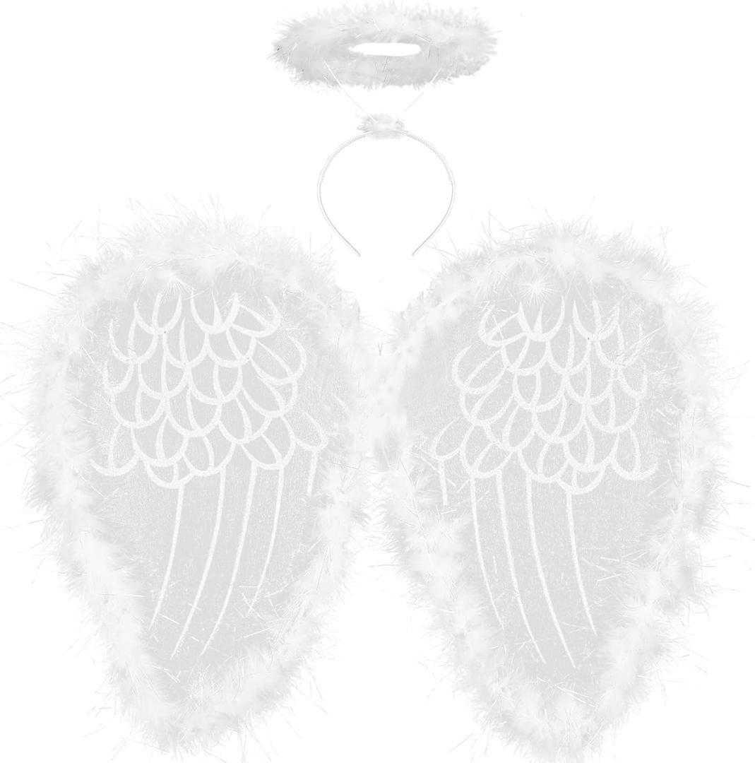 DERAYEE Angel Wings and Halo for Kids, Feather Angel Costume White Fairy Angel Wings Headbands for Adult Girls Christmas Cosplay Party