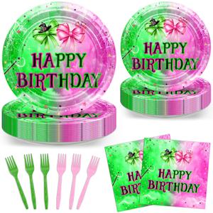 Avezano 96 PCS Pink and Green Party Decorations Witch Bow Plates Tableware Girls Women Witch and Princess Birthday Party Supplies, Serves 24