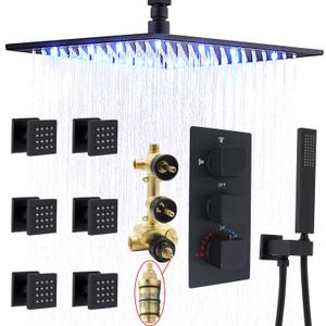 HOMEDEC 16inch Full Body Shower System with 6pcs Massage Body Jets, Matte Black Rain Shower Thermostatic Brass Faucets Complete Set, Ceiling Mounted