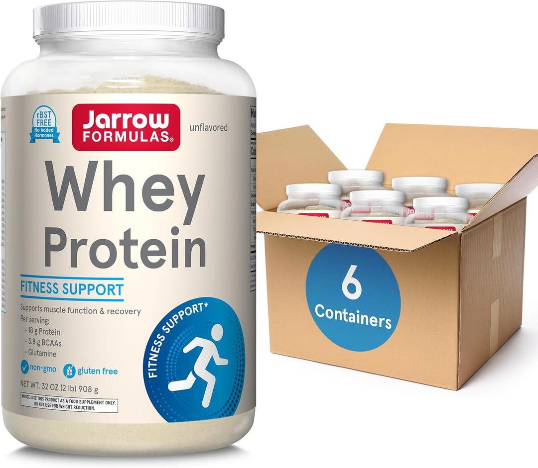 Jarrow Formulas Whey Protein With 18g of Protein, 3.8g of BCAAs, and Glutamine, Dietary Supplement for Muscle Function & Recovery Support, 32 oz Unflavored Powder, Approximately 38 Day Supply, 6 Packs (38 Servings (Pack of 6))