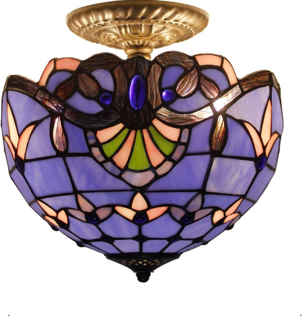 WERFACTORY Tiffany Ceiling Light Fixture Blue Purple Baroque Stained Glass Semi Flush Mount Lamp Wide 12 Inch, Height 11 Inch S003C Series