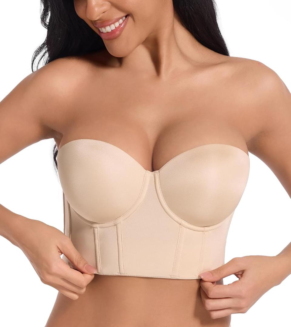 HACI Women's Plus Size Longline Strapless Bra Bustier Full Coverage Anti Slip Underwire Corset Top Body Shaper Tummy Control (38DDD, Beige)