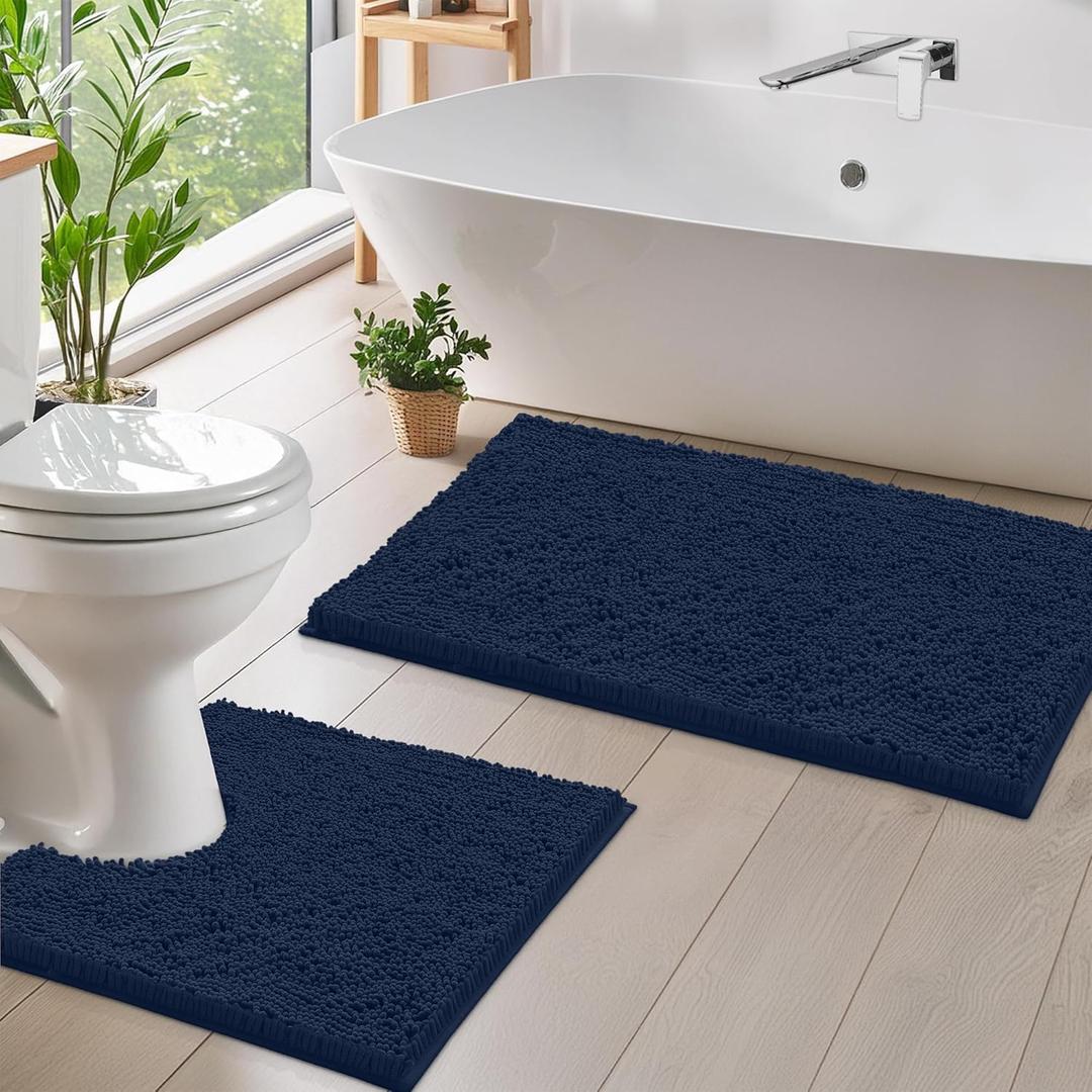 LuxUrux Bathroom Rugs Sets 2 Piece: Quick Dry, Soft Plush Anti-Slip, Super Absorbent. Includes Rectangular (31x20 inches) & U-Shaped Toilet Mat (20x20 inches) | Navy