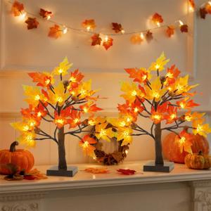 Fall Decorations for Home - 2 Pack 18" Lighted Maple Tree with Timer, Thanksgiving Autumn Table Decor for Office, Desk, Table Centerpiece, Bedroom