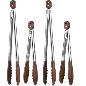 4Pcs Wooden Tongs for Cooking, Stainless Steel Salad Tong with Walnut Wood Tip, 9 Inch 12 Inch Walnut Wooden Kitchen Tongs, Anti-Slip Long Handle Wood Kitchen Utensils for Salad Tossing