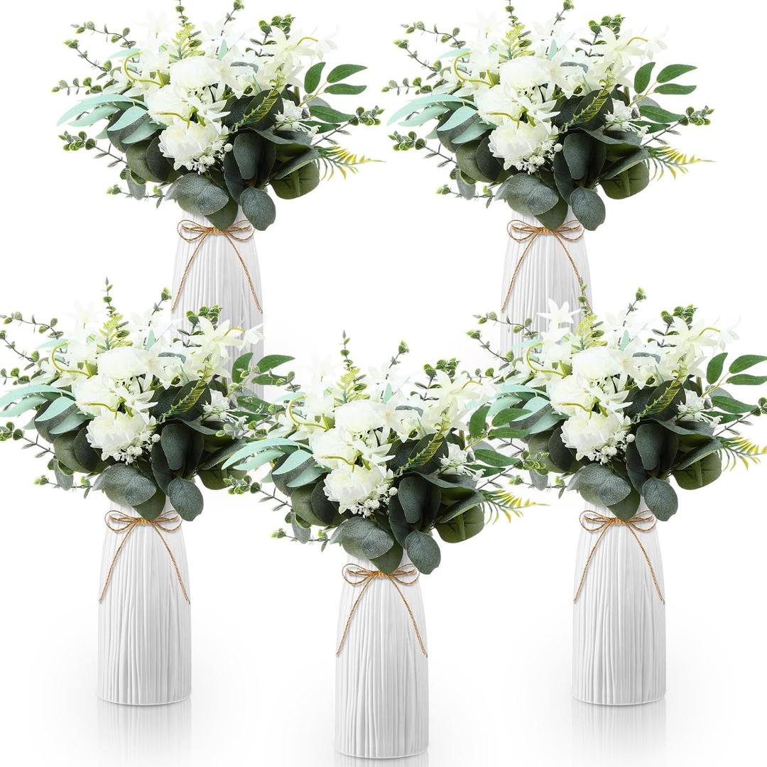 Giegxin 5 Sets Fake Flowers in Vase Wedding Centerpieces for Tables, Faux Eucalyptus Bouquets Floral Arrangements for Bridal Shower, Mother's Day, Holiday Party Event Home Office Decor