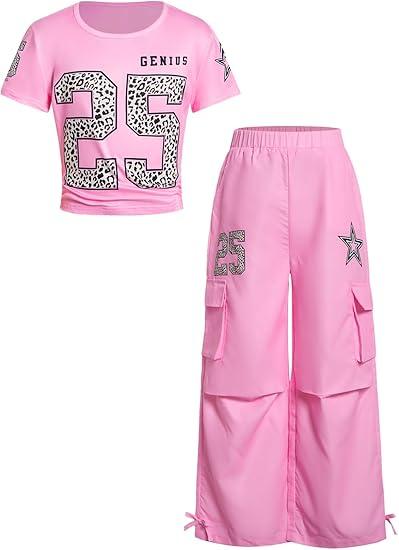 RoseSeek Girl's 2 Piece Summer Outfits Short Sleeve Ruched Basic Tess and Camo Cargo Pants Sets Trendy Pure Pink 10Y