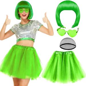 PLULON Grass Green Bob Wig Tutus Heart Sunglasses for Women Costume, Neon Party Short Bob Wigs with Bangs 80s Puffy Tulle Skirt for Disco Bachelorette Mardi Gras Party Music Festivals Stage Dance
