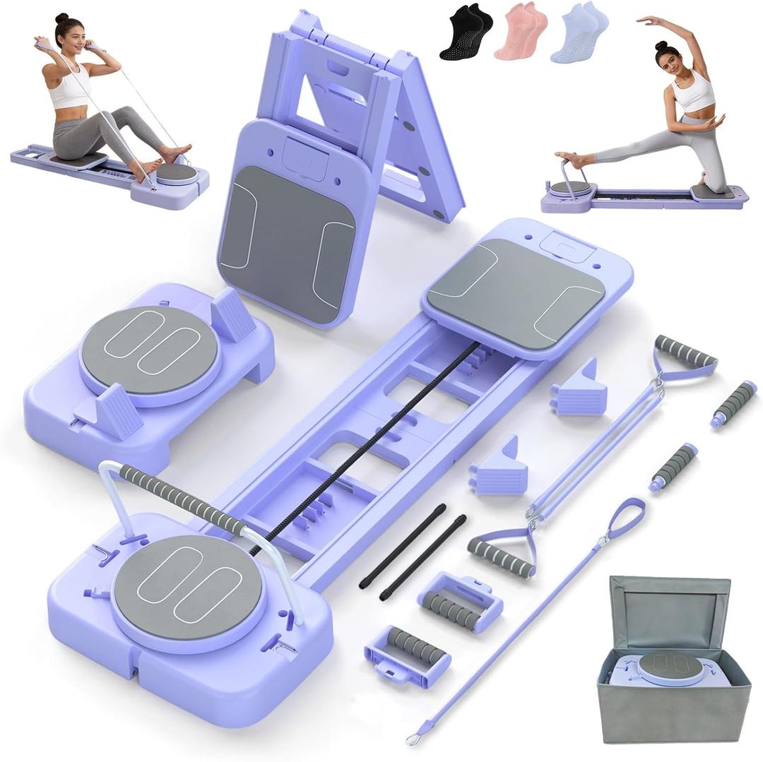 Pilates Reformer Board with 3 Adjustable Resistance, 60'' Foldable & Portable Pilates Machine for Home Use, Tool-Free Assembly, Includes Storage Box and 3 Yoga Socks (Purple)
