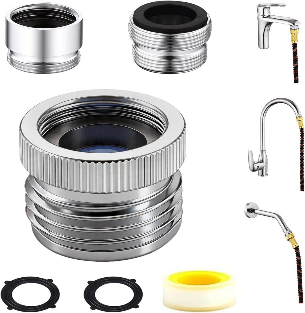 Brass Faucet Adapter with Aerator, Sink Faucet to Garden Hose Adapter, Fits G1/2" Male, 55/64" Male, and 15/16" Female, Connects to 3/4" GHT Garden Hose, with Washers and PTFE Tape,Chrome