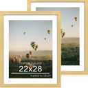 22x28 Picture Frame Set of 2, 22 x 28 Wood Poster Frames with Mat for 18x24, Wooden Photo Frames with Tempered Glass Cover for Wall Display, Gold