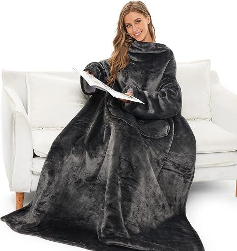 THREE POODLE Sherpa Wearable Blanket with Sleeves for Adults, Super Soft, Warm Cozy Plush Sleeved Throw Blankets with Arms, Grey