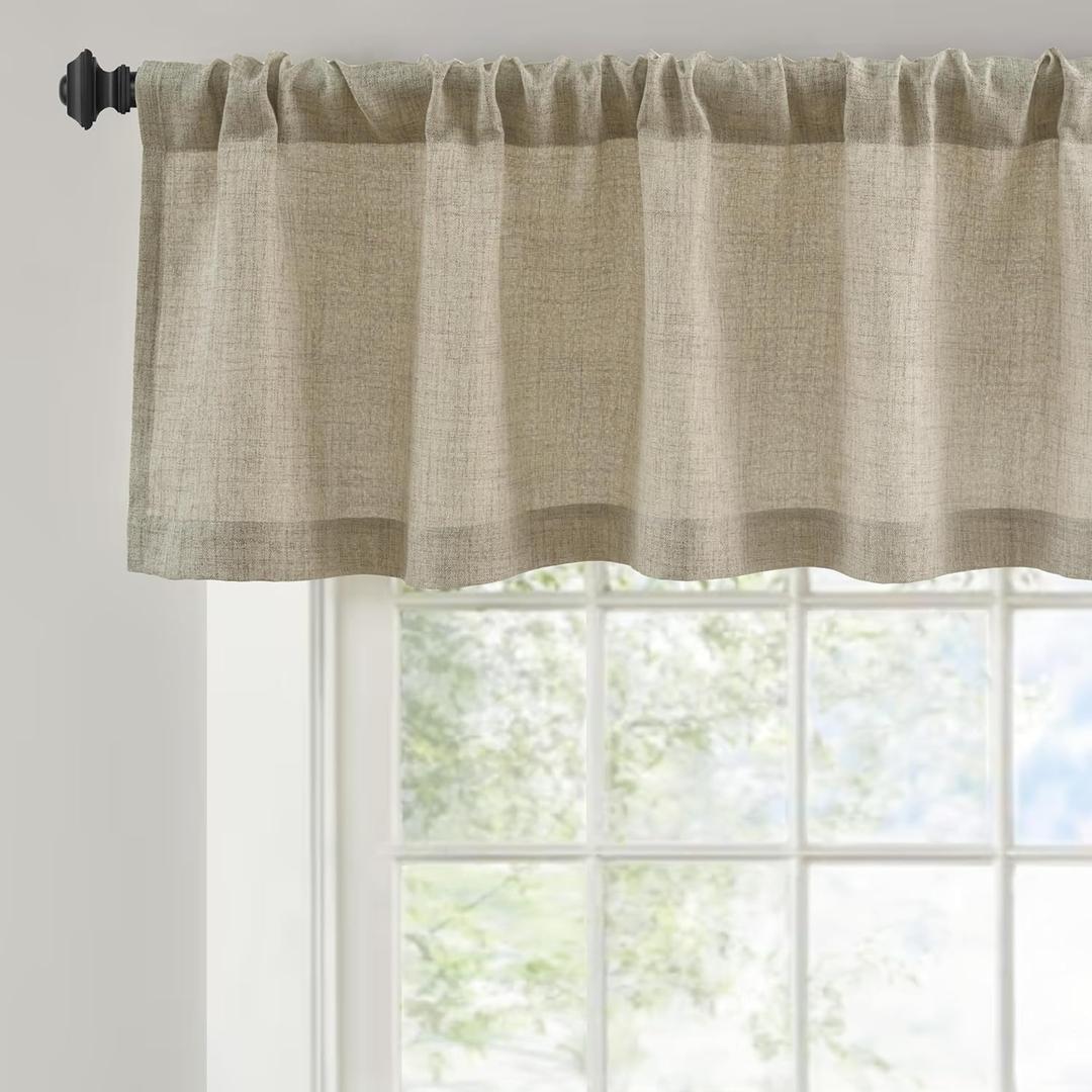 DriftAway Linen Textured Curtain Valances for Windows Light Filtering 3 Inch Rod Pocket Farmhouse Country Rustic Kitchen Valances for Bedroom Living Room Bathroom 14 inch Length Khaki