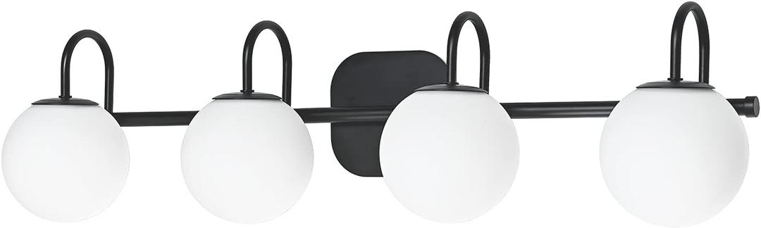 Vintage Bathroom Light Fixtures 4-Lights Black Mid Century Vanity Lights with Milk White Glass Globe Shade Vintage Wall Sconces Lighting Bath Vanity Lights Bar Over Mirror(Exclude G9 Bulb)