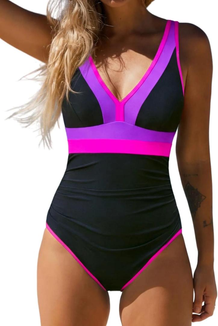 popvil One Piece Swimsuits for Women 2026 Tummy Control Neon Bathing Suit with Adjustable Strap (L)
