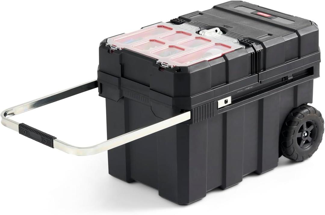 Keter Masterloader Resin Rolling Tool Box with Locking System and Removable Bins  Perfect Organization and Storage Chest for Power Drill, Tape Measure, and Screwdriver Set, Black