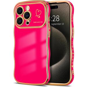 Hython for iPhone 15 Pro Max Case Wave Wavy Phone Cases with Love Heart, Luxury Plating Edge Cute Curly Shape Cover for Women Girls, Thin Slim Soft TPU Rubber Shockproof Protective Cover, Hot Pink, Pack of 2