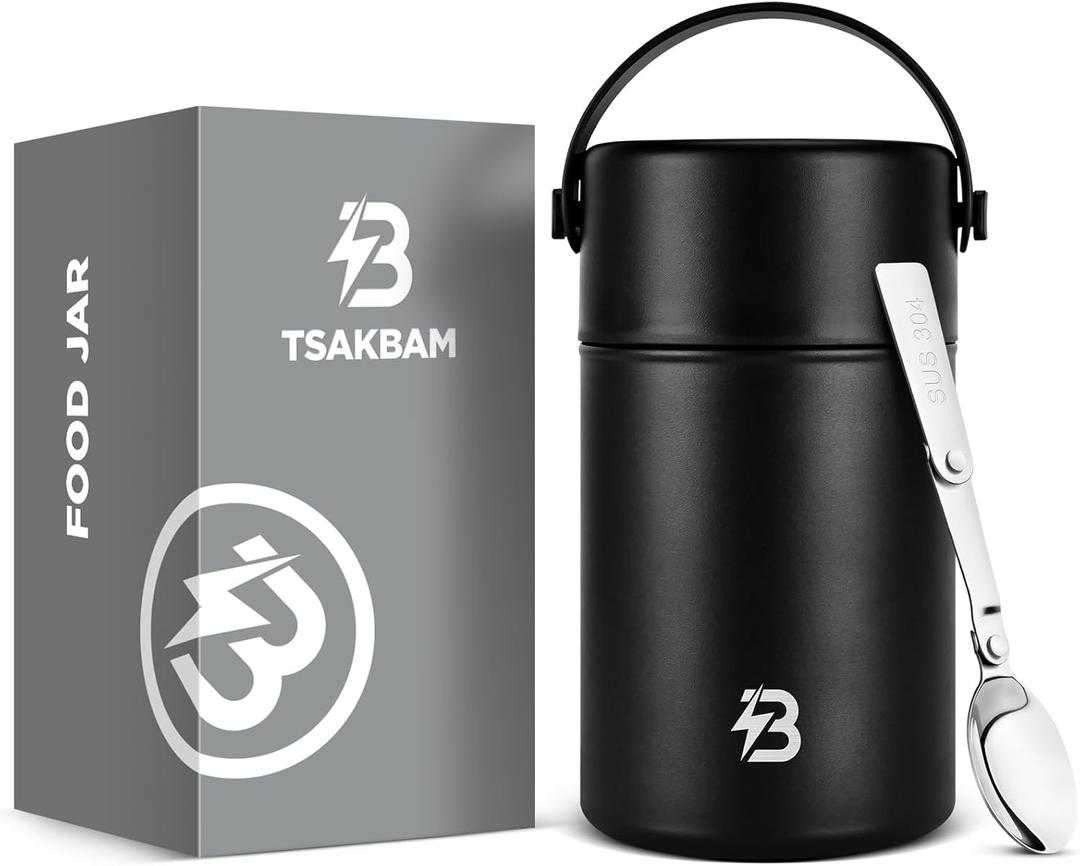 Thermo for Hot Food, 35 Oz Lunch Soup Thermo Food Jar, Wide Mouth Insulated Thermo Hot Food Container with Spoon for Adults (Black)