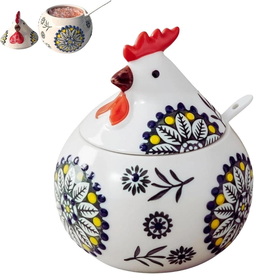 Ceramic Salt Cellar with Lid and Spoon 13.5oz Salt Holder, Salt Containers for Countertop, Chicken Salt Dish with Lid, Farmhouse Kitchen Decor, Sugar & Spice Container, Old Country Kitchenware