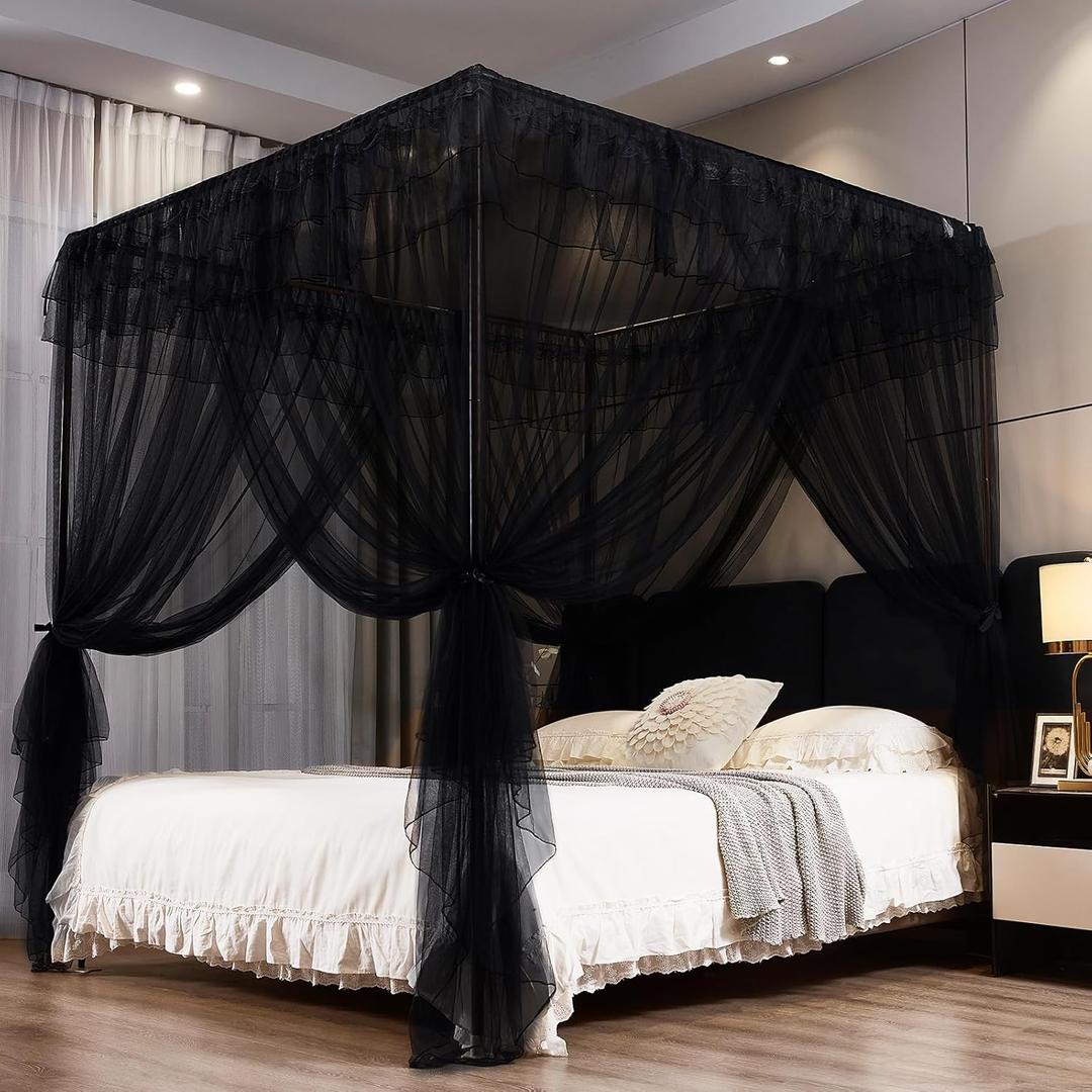 Kertnic Black Canopy Bed Curtains for Girls & Adults, Queen King Bed Canopy Drapes Netting, Practical Mosquito Net for Bed (Queen-64 W*78" L*82"*H)