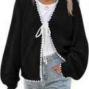 PRETTYGARDEN Womens Fall Cardigan Sweaters 2026 Long Sleeve Open Front Tie Knit Loose Cute Lightweight Sweater (Small, Black)