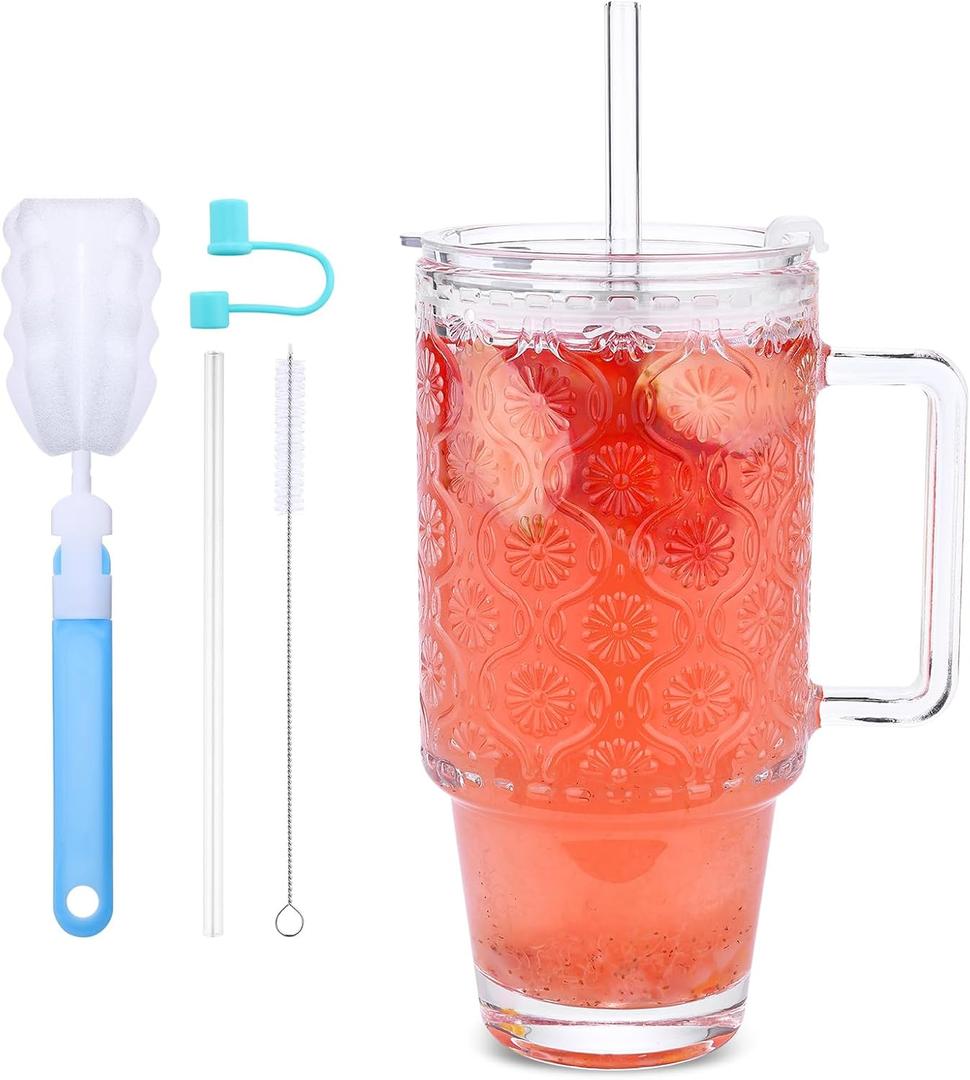 BELLAFORTE Glass Cups with Lids and Straws 24oz Tumbler Cup with Handle, Iced Coffee Cups, Reusable Drinking Glass Tumbler for Smoothies, Tea, Juice, with Silicone Stopper & Brush 