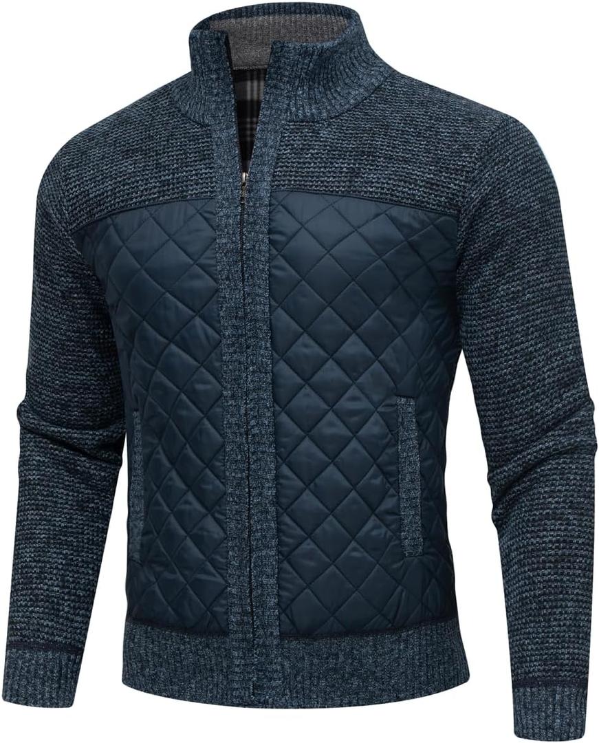 Men's Cardigan Sweaters Full Zip Stand Collar Slim Fit Cable Knit Long Sleeve Casual Sweater with Pockets (XXL)