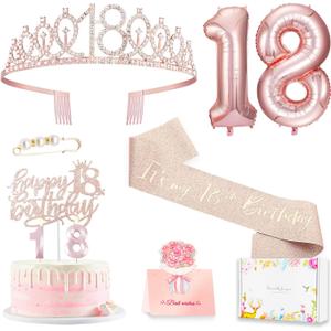 18th birthday decorations for girls, Including 18th Happy Birthday Gifts Queen Sash with Pearl Pin, Sweet Rhinestone Tiara Crown, Cake Toppers, Number Candles and Balloons Set, Rose Gold