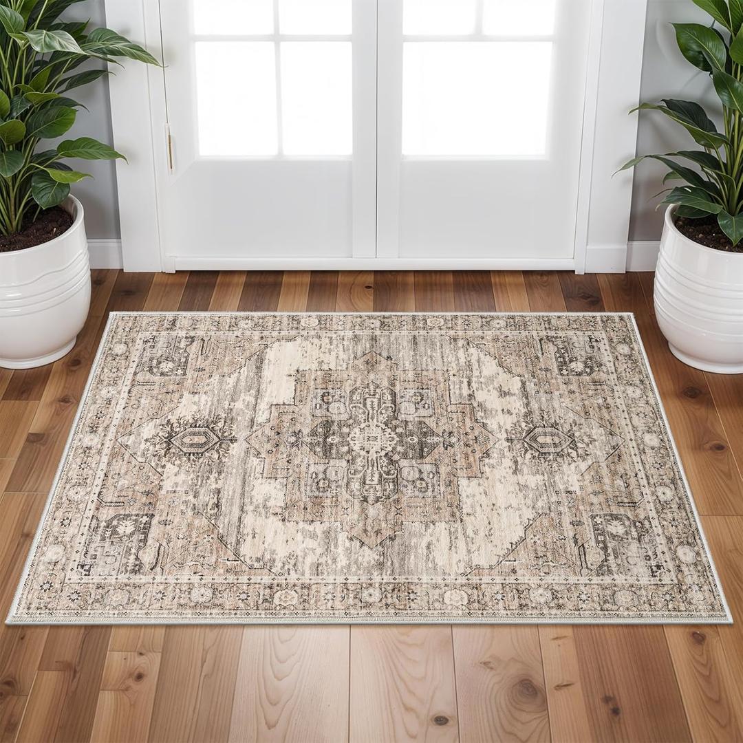 RUUGME Washable 2x3 Area Rugs - Large Boho Rugs for Living Room Stain Resistant Carpet Vintage Tribal Rugs for Bedroom Kitchen Bathroom with Non Slip Backing Home Decor Floor Decoration Mat 2x3 Beige
