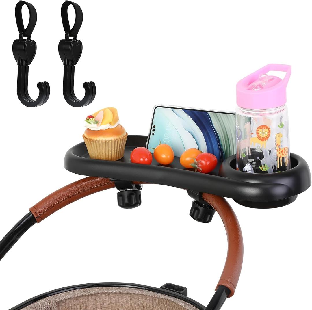 Stroller Snack Tray, 3 in 1 Stroller Cup Holder with Phone Holder and 2 Pack Love Heart Hangers Stroller Tray Attachment for Baby Toddler Kids