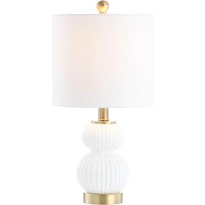 JONATHAN Y 20" White/Brass Gold Ribbed Gourd Glass Table Lamp, Modern Bedside Lamp for Bedroom Living Room, White Linen Drum Shade, LED Bulb Included JYL1099A