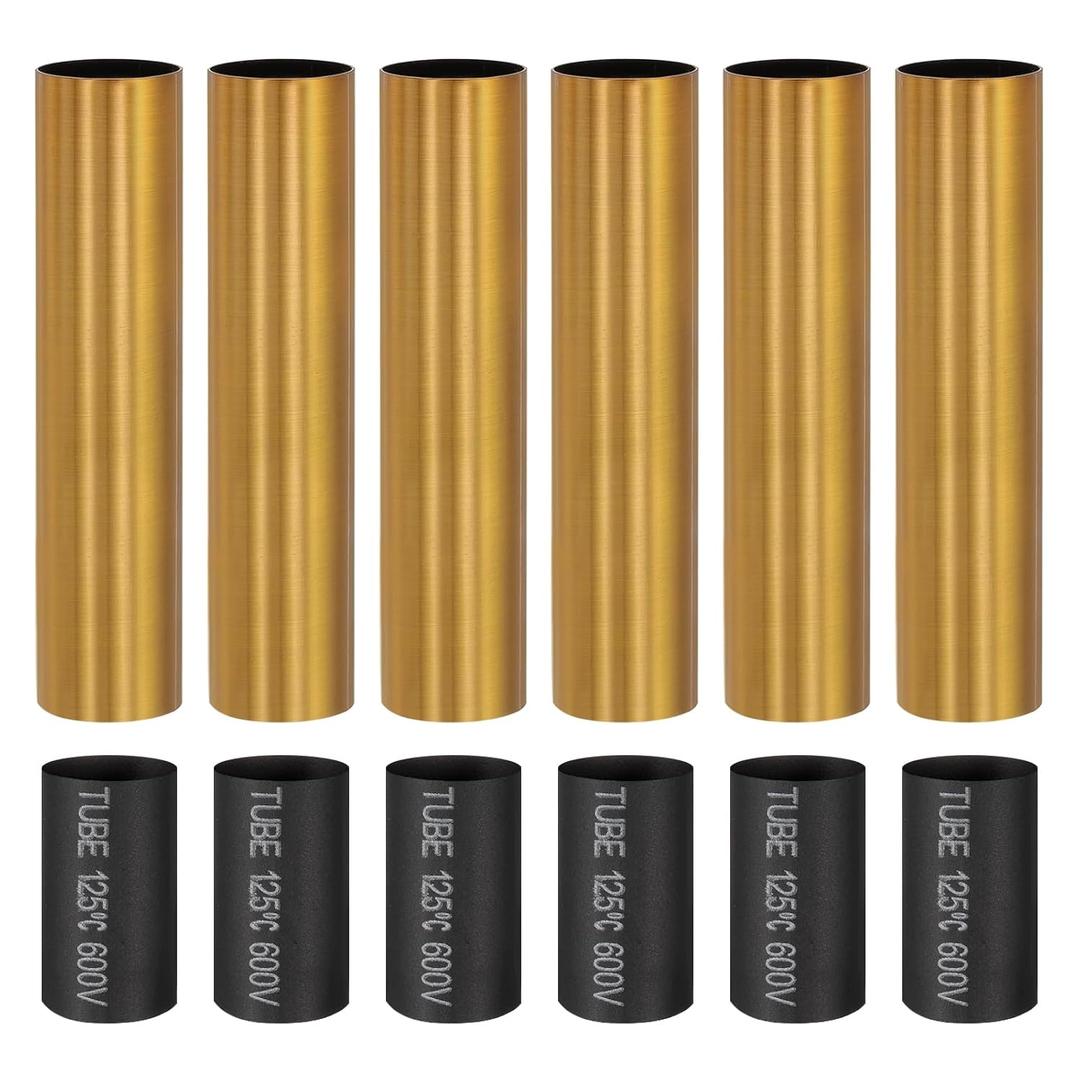 PATIKIL 4" Tall Candle Covers Sleeves, 6Pcs Metal E12 Chandelier Socket Sleeves with Insulation Heat Shrinkable Flame Retardant Tube Bulb Light Base Holder for Lamps, Gold Bronze
