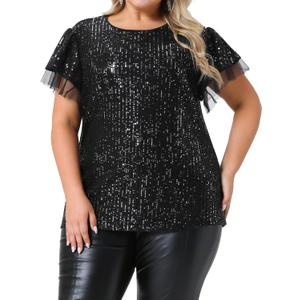 Agnes Orinda Plus Size Sequin Tops for Women Ruffle Short Sleeve Glitter Party Shirt Sparkle Club Night Blouse Top, 2X
