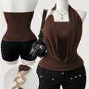 Women's Plus Size Draped Halter Tops Backless Sleeveless Fitted Elegant Top Night Out Clothes (Brown, XL)