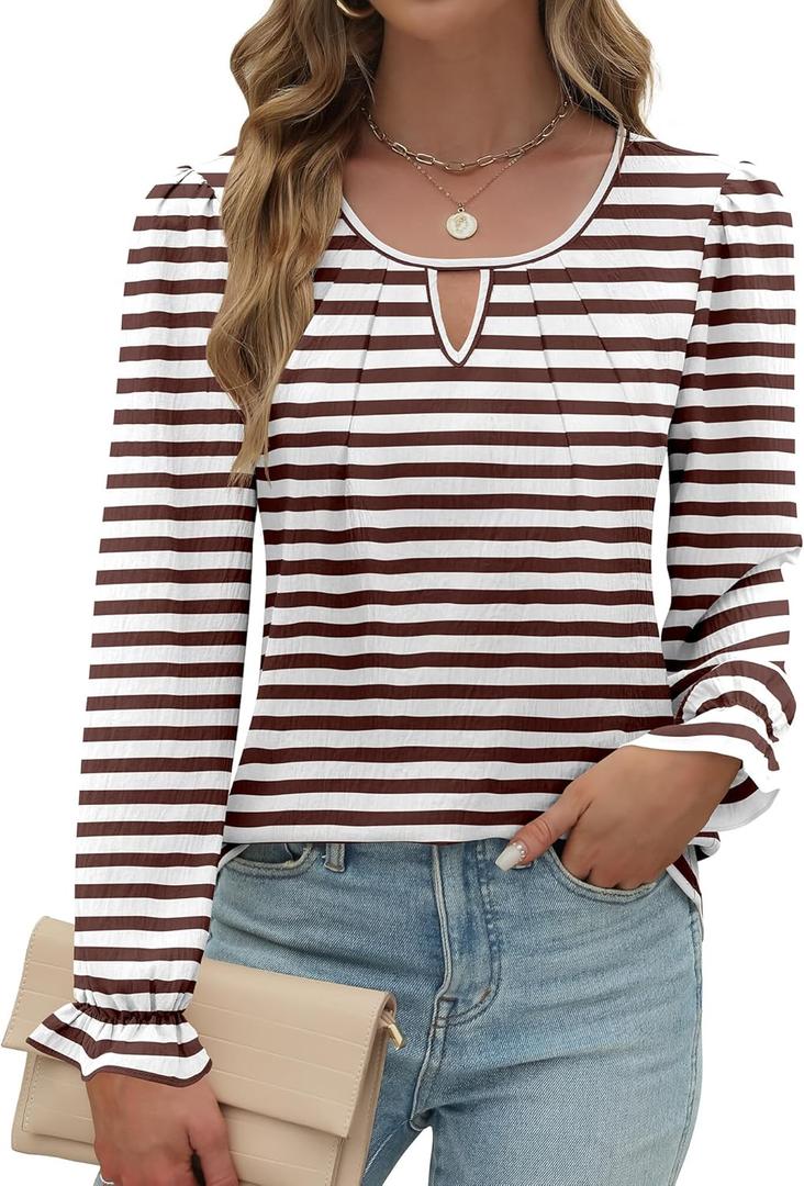 Womens Long Sleeve Tops Dressy Business Casual Blouses Basic Loose Fit V Neck Work Shirt 2024 Fall Clothes Outfits (Large, Striped Brown White)