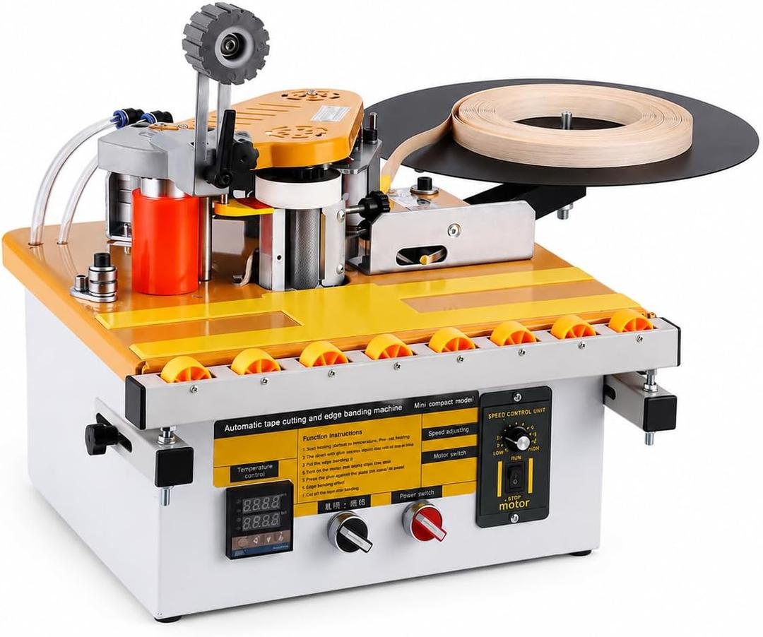 Portable Woodworking Edge Banding Machine, Manual Push Plate, Straight & Curved Dual-Use, Double-Sided Gluing for Straight Edges, Auto Cut-Off, Smart Temperature Control, 1200W, Edge Width 0.351.77in